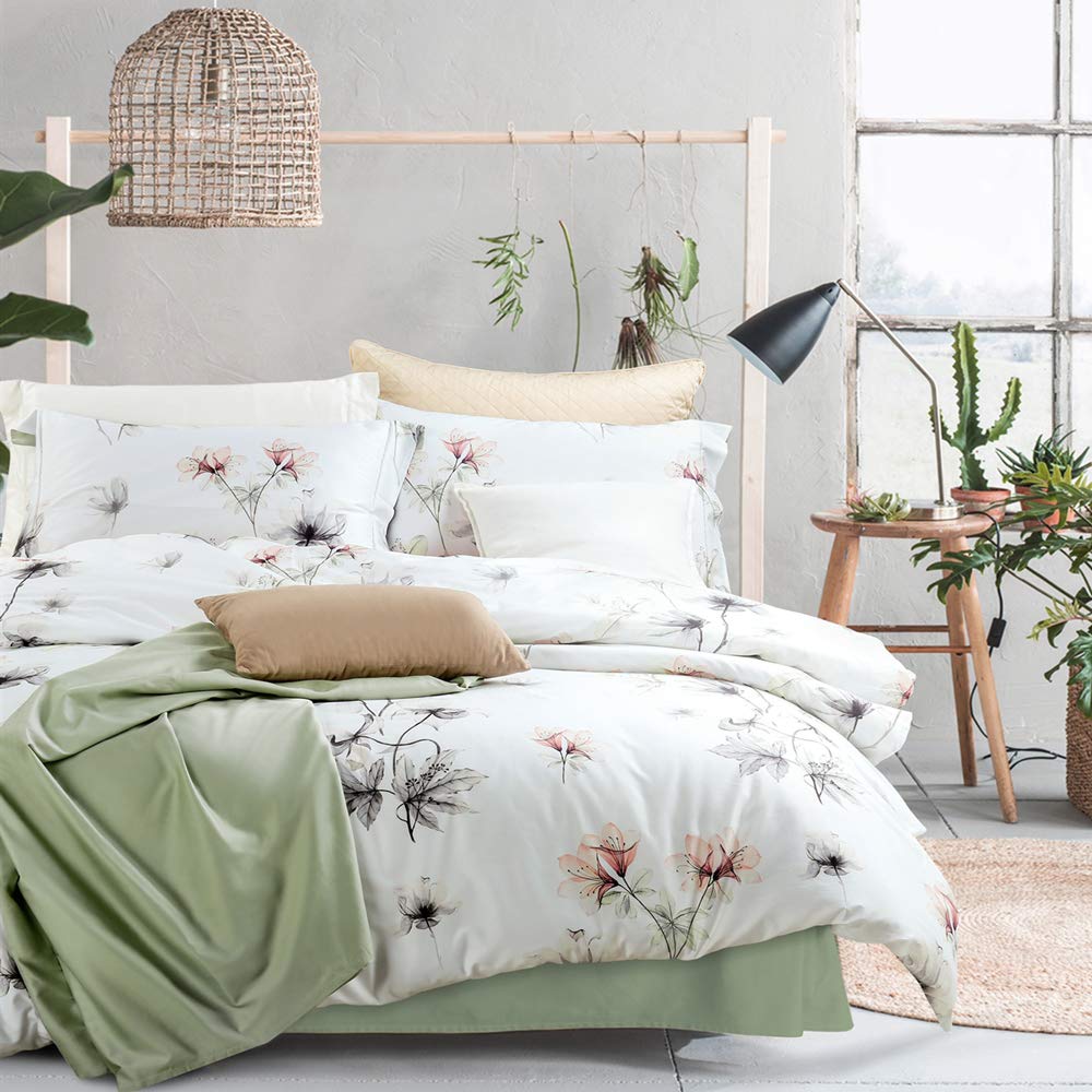 MILDLY 100% Long-Staple Cotton Duvet Cover Set White Green Floral Leaves Pattern Printed Comforter Cover 3pcs, Ultra Soft & Brea