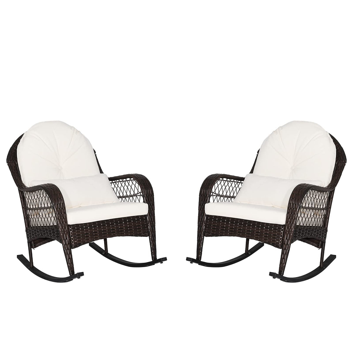 Oralner Patio Wicker Rocking Chair, Outdoor Pe Rattan Rocker With Seat And Back Cushion, Waist Pillow, Armrests, Garden Chair For Porch, Backyard, Poolside, Deck (2, Off White)