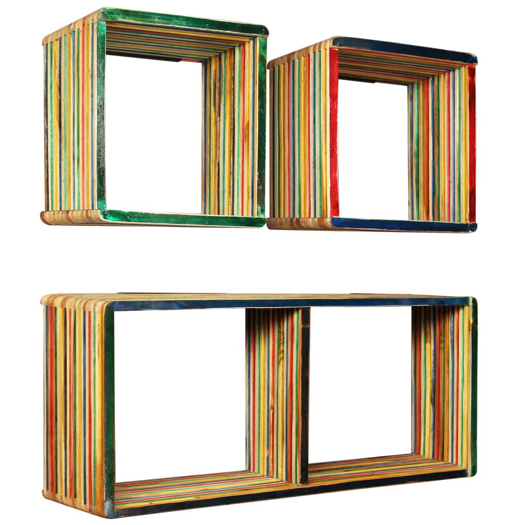 vidaXL 3 x Recycled Solid Teak Wall Shelves Multi-Coloured Bookcase