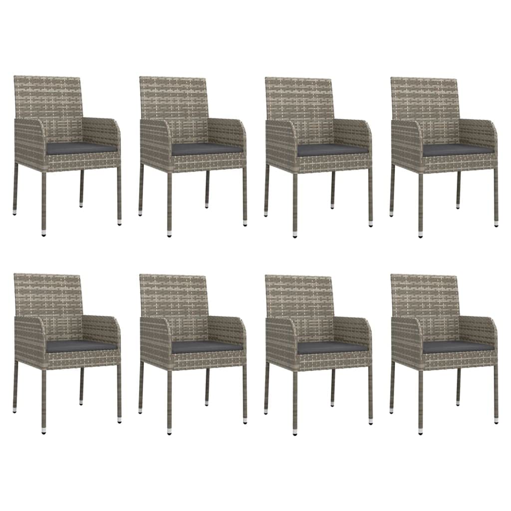 vidaXL 9-Piece Patio Dining Set -Weather-Resistant Gray Poly Rattan, Powder-Coated Steel Frame, Solid Acacia Wood Tabletop, Removable 100% Polyester Fabric Cushion Covers