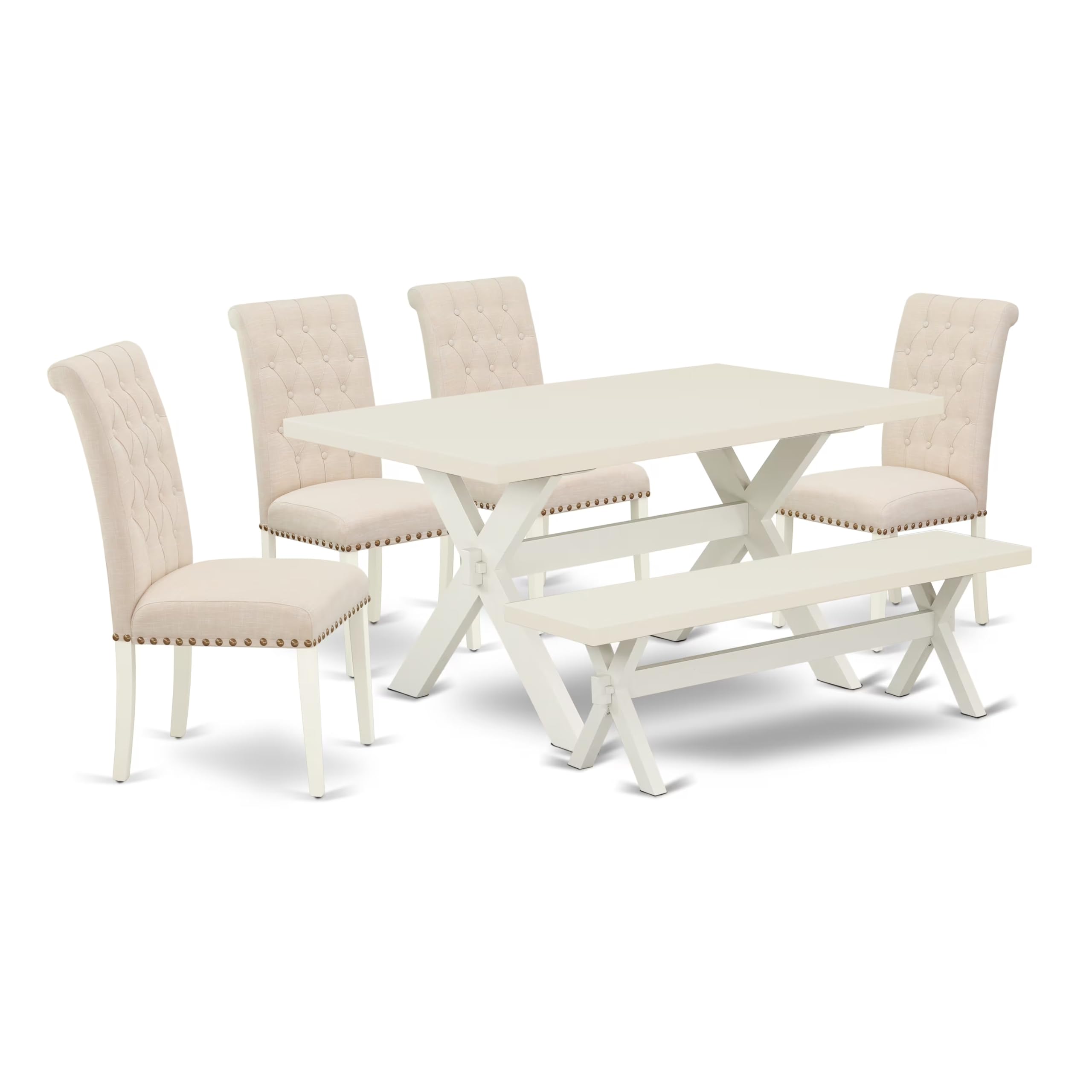 East West Furniture X026Br202-6 6 Piece Kitchen Table Set Contains A Rectangle Dining Table With X-Legs And 4 Light Beige Linen Fabric Parson Chairs With A Bench, 36X60 Inch, Multi-Color