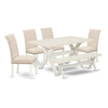 East West Furniture X026Br202-6 6 Piece Kitchen Table Set Contains A Rectangle Dining Table With X-Legs And 4 Light Beige Linen Fabric Parson Chairs With A Bench, 36X60 Inch, Multi-Color