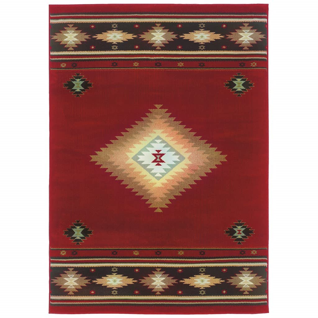 HomeRoots Polypropylene 5’ x 8’ Red and Beige Ikat Pattern Area Rug