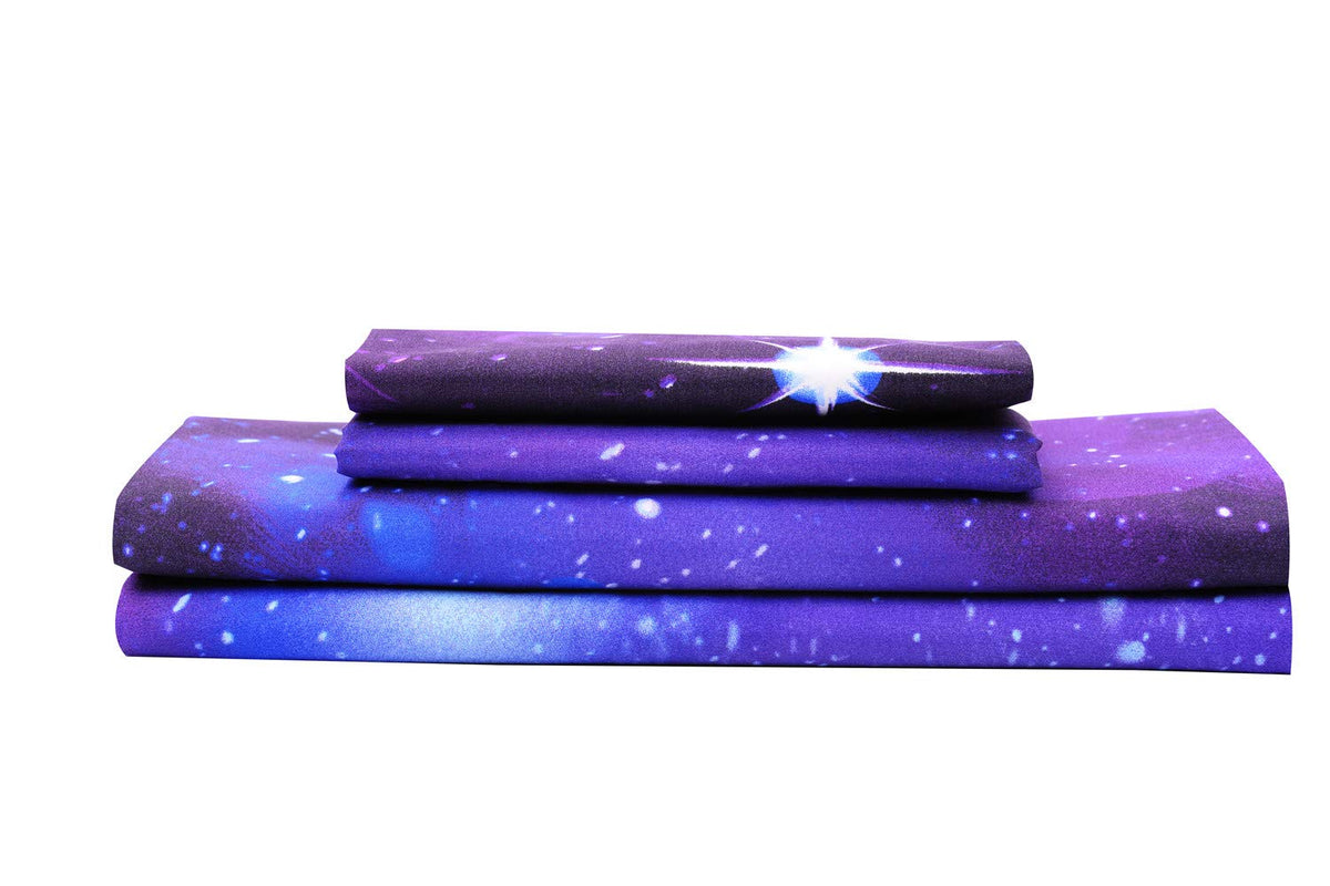 Bedlifes Galaxy Sheets Outer Space Sheet Set Galaxy Themed Sheets 3 Pcs Flat Sheet& Fitted Sheets With 1 Pillowcases(Purple Twin