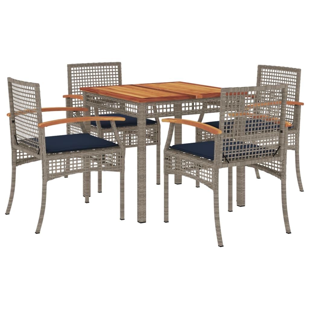 vidaXL Patio Dining Set with Cushions 5-Piece Gray Poly Rattan – Outdoor/Garden Furniture with Acacia Wood Table, Navy Blue Cushions, Powder-Coated Steel Frame