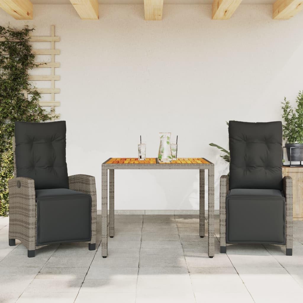 vidaXL 3 Piece Patio Dining Set - Adjustable Recliner Chairs & Acacia Wood Table - Black & Cream - PE Rattan - Garden/Patio/Backyard - Outdoor Furniture