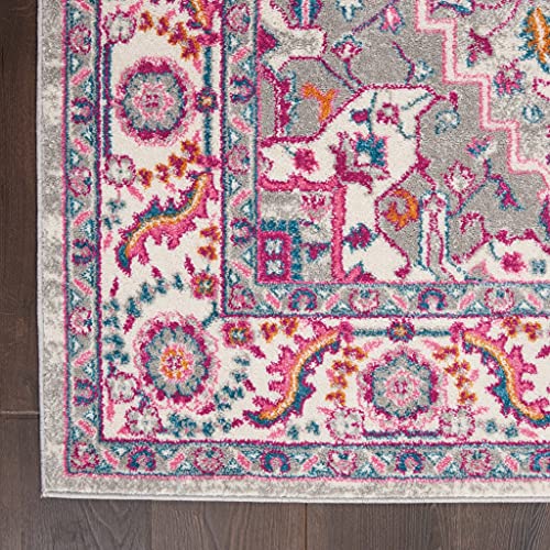 HomeRoots Light Grey/Pink 100% Polypropylene 5’ x 7’ Light Gray and Pink Medallion Area Rug