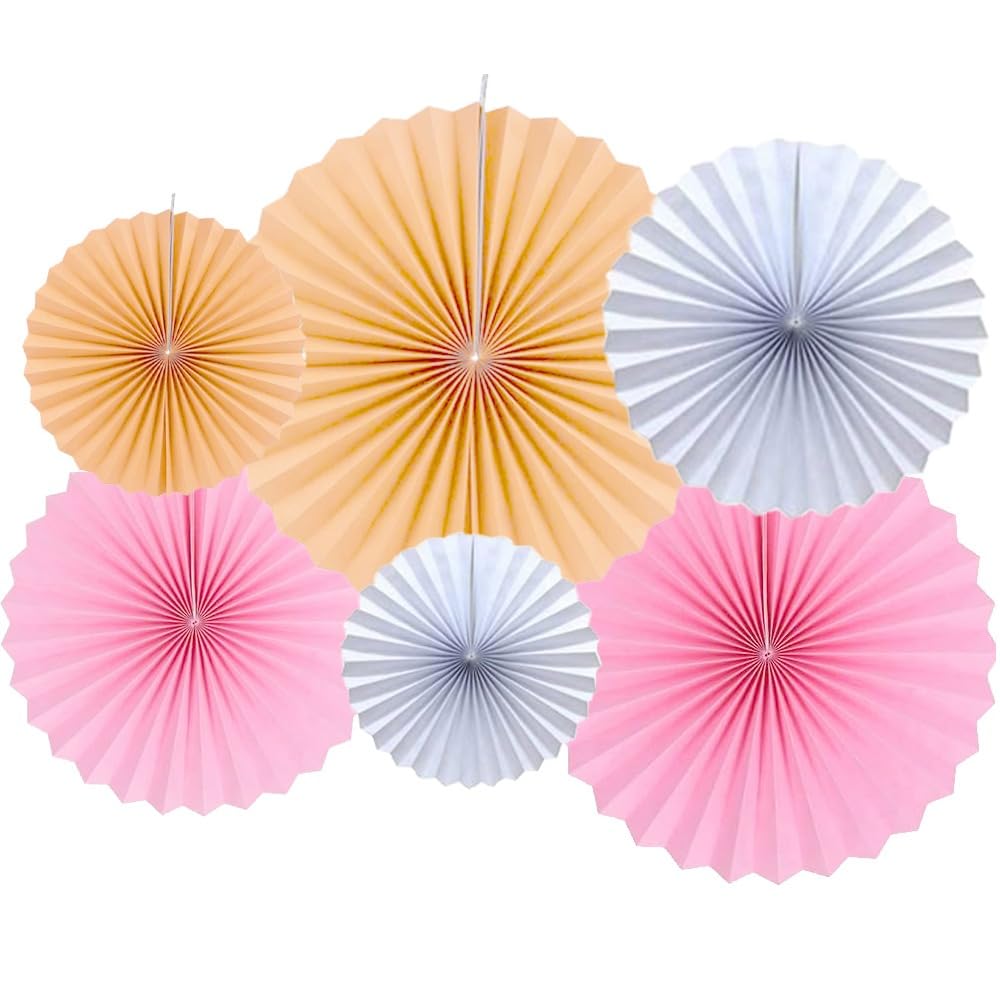 Pop The Party Pastel Paper Fan Decoration Set (Pack of 6) | Pink, Peach & White Hanging Fans for Birthday, Baby Shower, Annivers