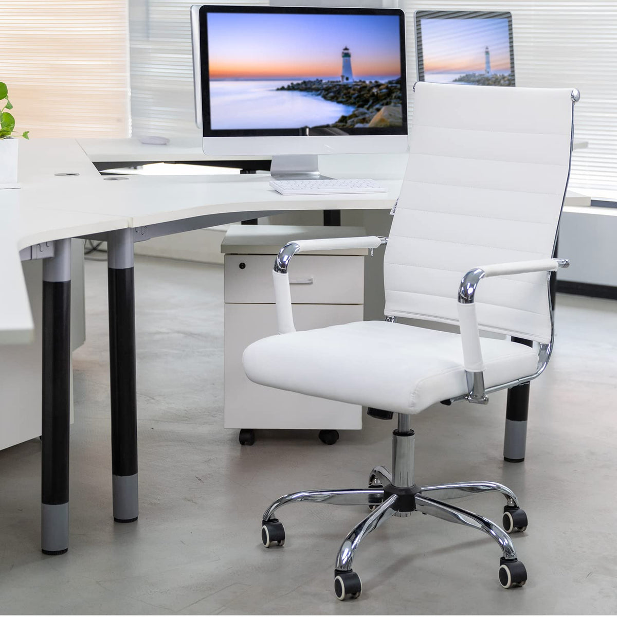 Okeysen Ergonomic Office Desk Chair, Modern Pu Leather Conference Room Chairs Ribbed, High Back Executive Swivel Rolling Chair F