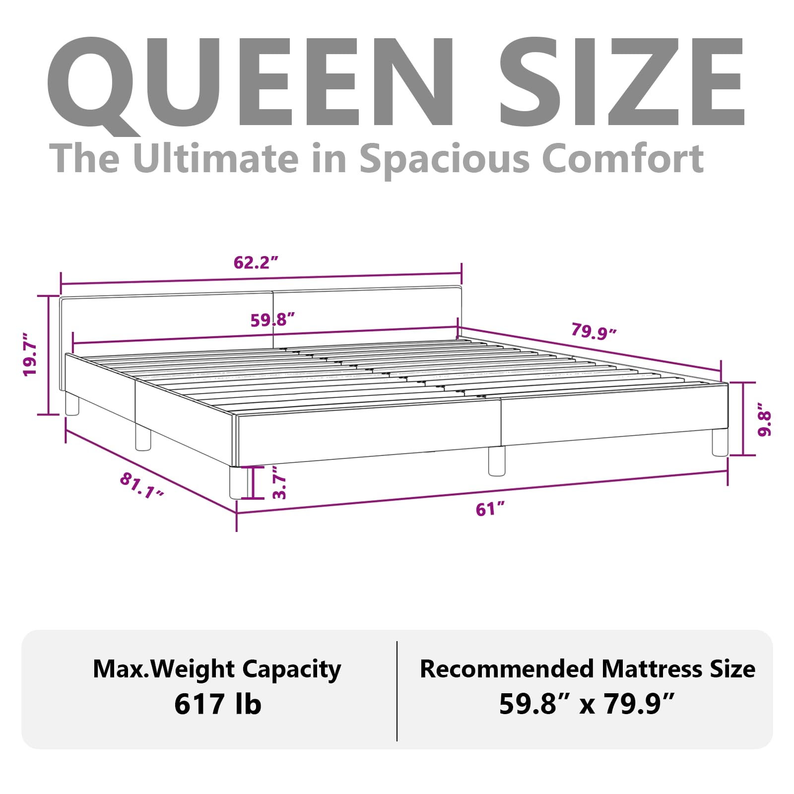 vidaXL Fabric Bed Frame Platform Bed, Scandinavian Style/Slats Support/No Box Spring Needed/Without Mattress/Easy Assembly, Dark Grey Queen Bed