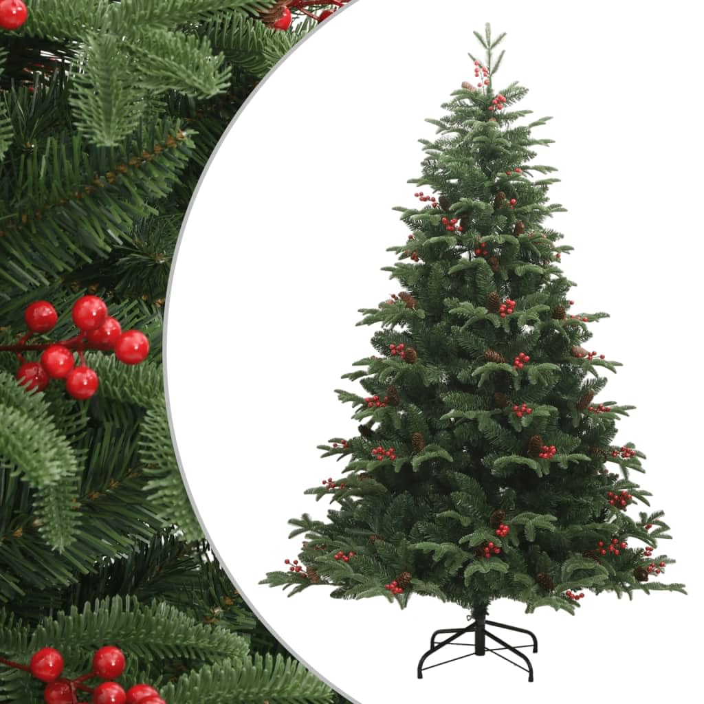 vidaXL Artificial Hinged Christmas Tree with Cones and Berries, 82.7&quot; Realistic PE Tips, Hinged Construction, Durable Iron Stand, Cost-Effective, Reusable Festive Season Decor