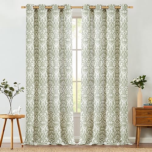 Jinchan Linen Curtains For Living Room Sage Green Damask Patterned Curtains 108 Inches Long For Bedroom Light Filtering Vintage Curtains Baroque Style Drapes Grommet Window Treatments 2 Panels Set