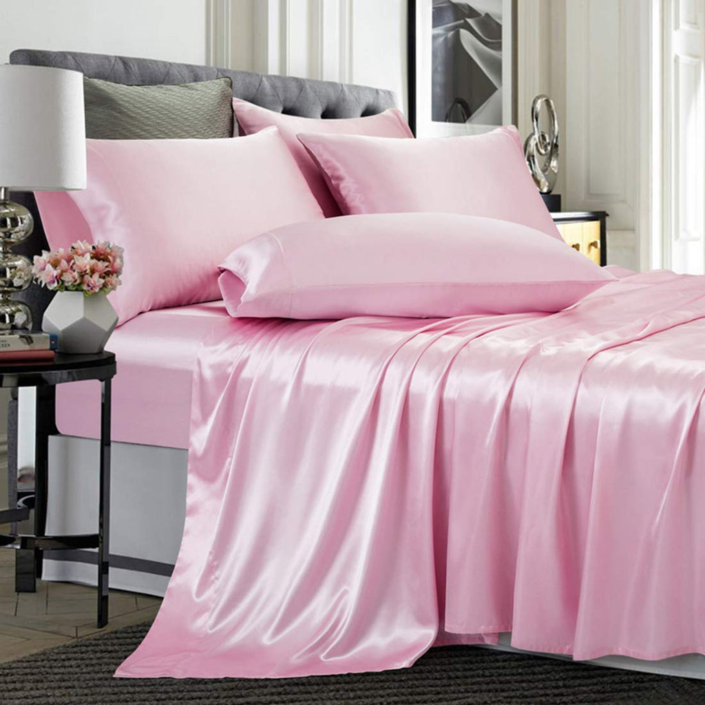 TREELY Satin Sheet Set - King Size, 6 Pieces, Pink, Deep Pocket, Silky Soft, Breathable