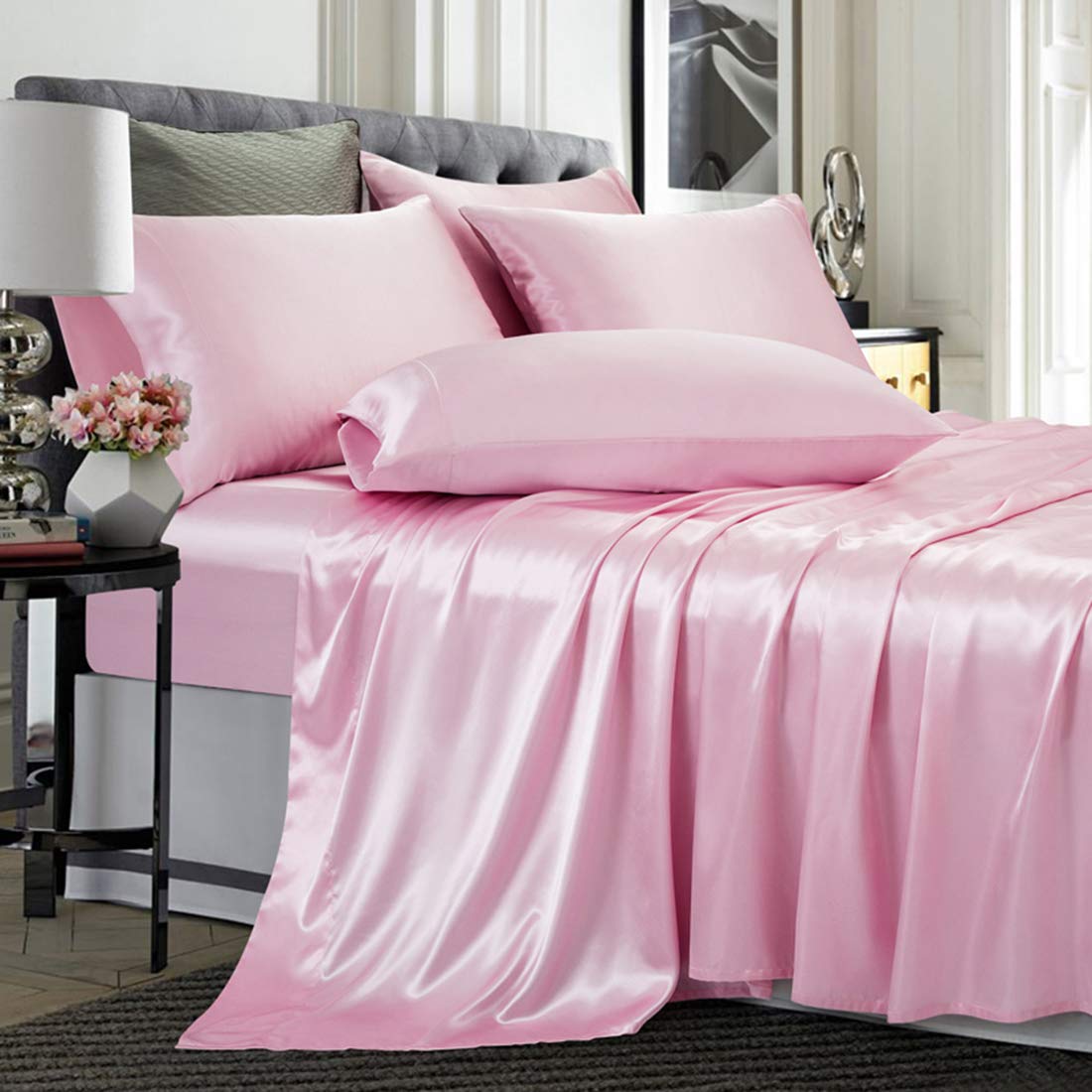 Treely 6 Piece Pink Satin Sheet Set - California King Size, Silky Smooth, Deep Pocket, Fitted Sheet, Flat Sheet, 4 Pillowcases