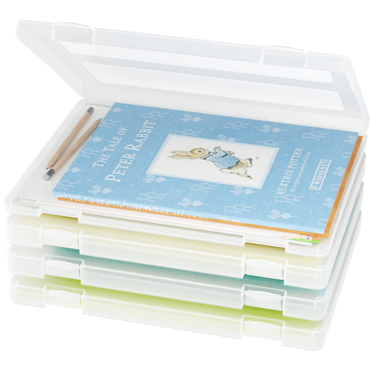 Ibune 4 Pack A4 File Portable Project Case, Scrapbook Paper Storage Boxes For 8.5 X 11 Paper, Plastic Storage Box Office Documen