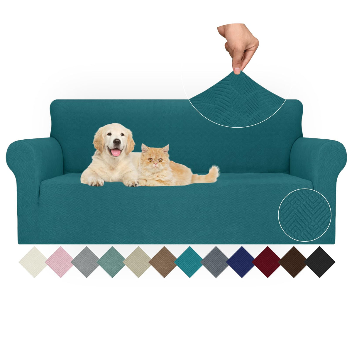 Jiviner Stretch Sofa Covers 1 Piece Couch Covers For 3 Cushion Couch Sofa, 3 Seater Sofa Slipcovers Furniture Protector With Elastic Bottom For Kids, Pets (Large, Teal Rhomb)