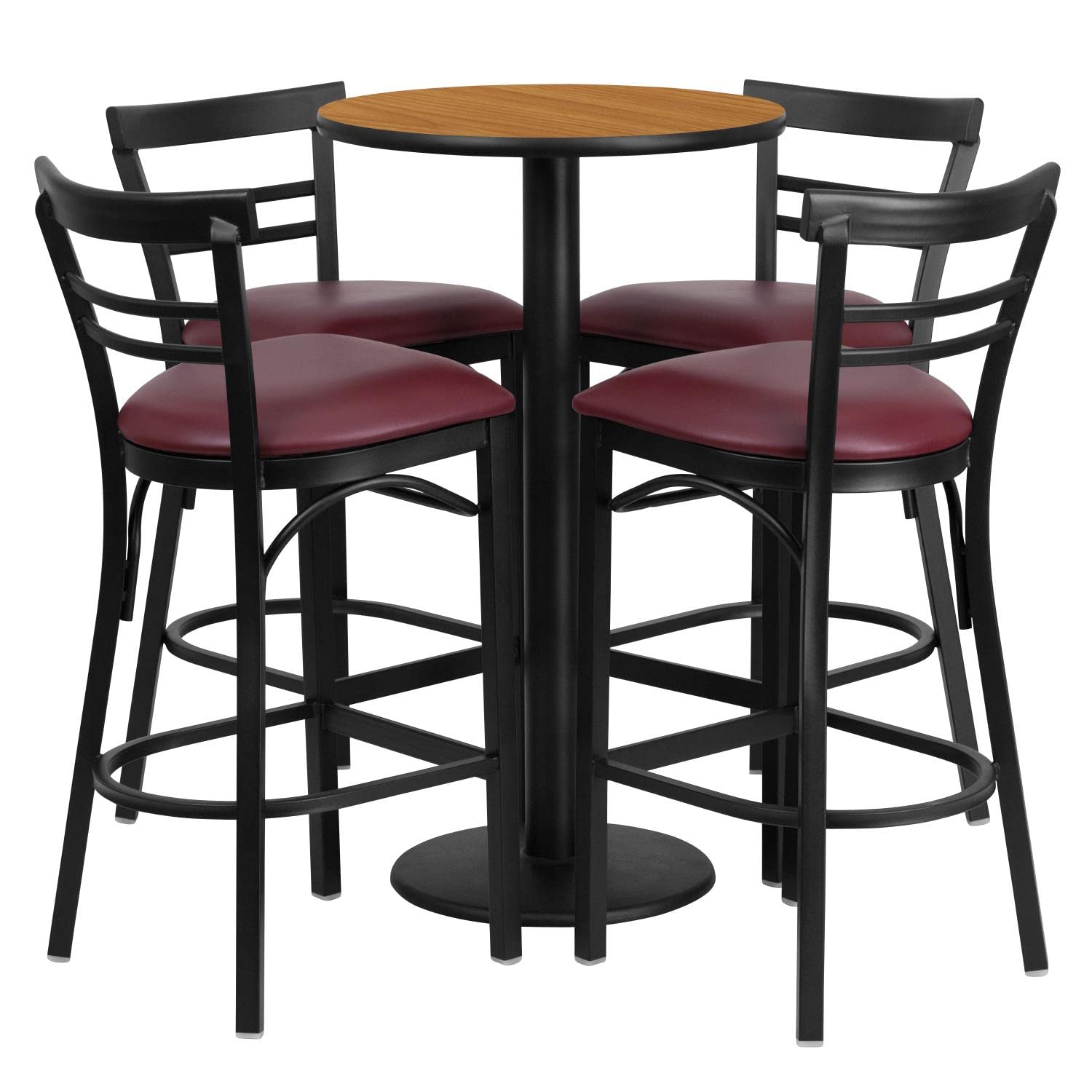 Flash Furniture Jamie 24'' Round Walnut Laminate Table Set With Round Base And 4 Two-Slat Ladder Back Metal Barstools - Burgundy Vinyl Seat