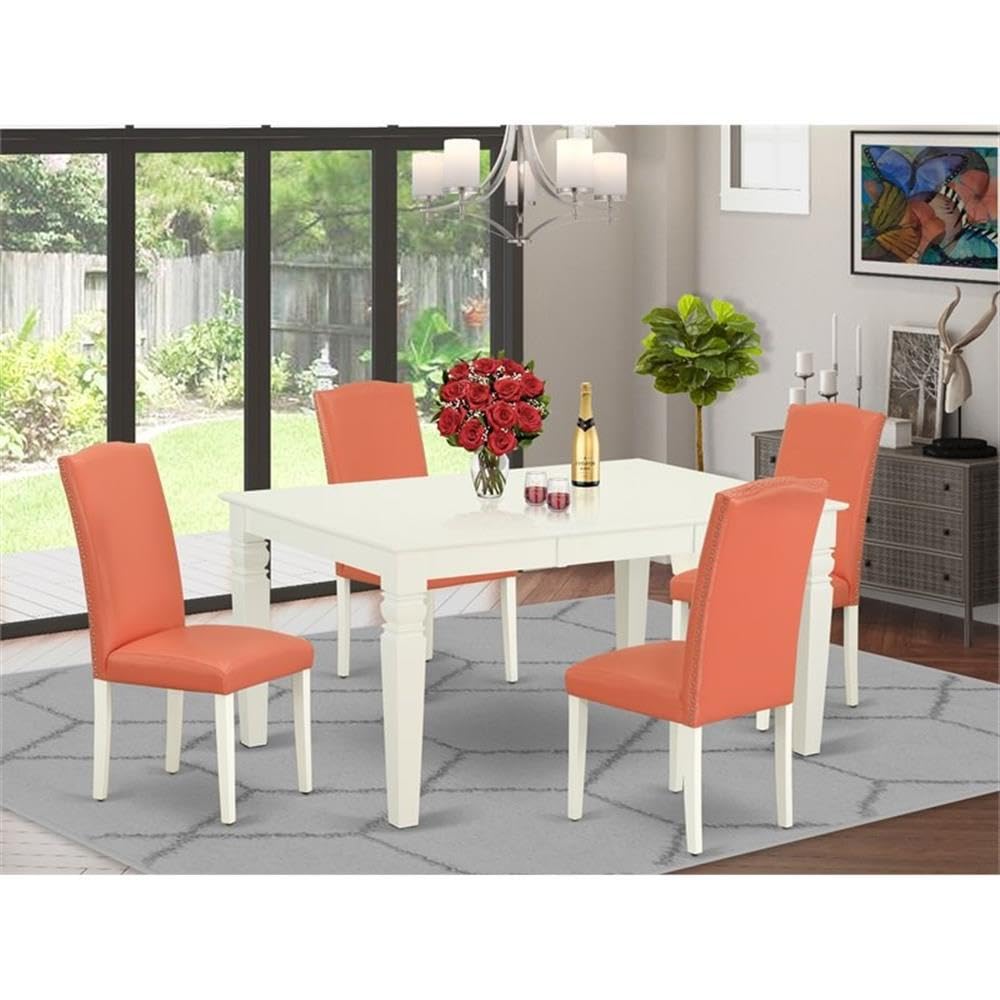 East West Furniture Ween5-Lwh-78 5 Piece Dining Table Set Includes A Rectangle Dining Room Table With Butterfly Leaf And 4 Pink Flamingo Faux Leather Parson Chairs, 42X60 Inch, Linen White