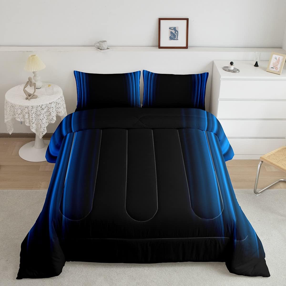 Geometric Abstract Ombre Comforter Set Kids Teens Blue And Black Striped Bedding Bed Set Decor Modern Fashion Comforter Inner Fill Bedroom Collection 2Pcs Twin Size