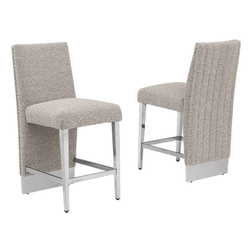 Best Quality Furniture Modern Upholstered Bar Stool Set Of 2 – Boucle Fabric In Gray – Matte Brushed Chrome Legs In Silver – Perfect For Dining Room Or Living Room