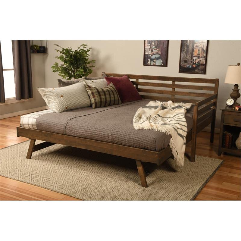 Kodiak Furniture Twin to King Size Daybed with Pop Up Trundle in Wood in Rustic Walnut, No Box Spring Needed, Easy Assembly, Up to 500 lbs Weight Capacity
