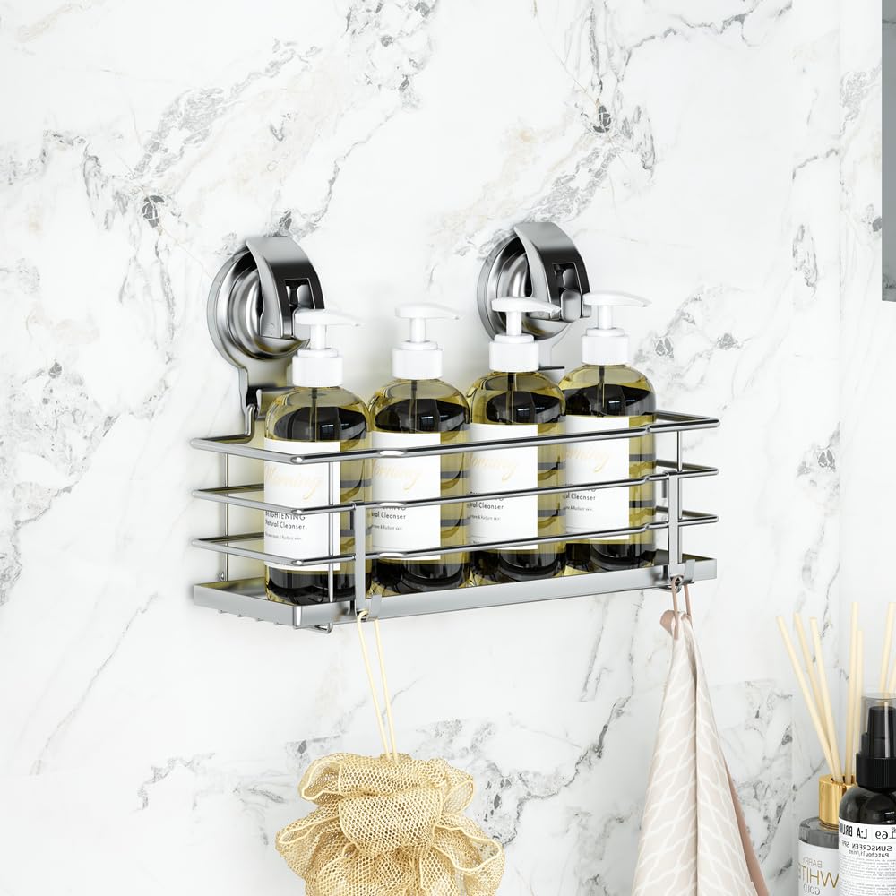 Tesot Suction Cup Shower Caddy, Shower Shelf Soap Dish With Hooks For Razor, Sponge, Rust Proof 304 Stainless Steel, Silver