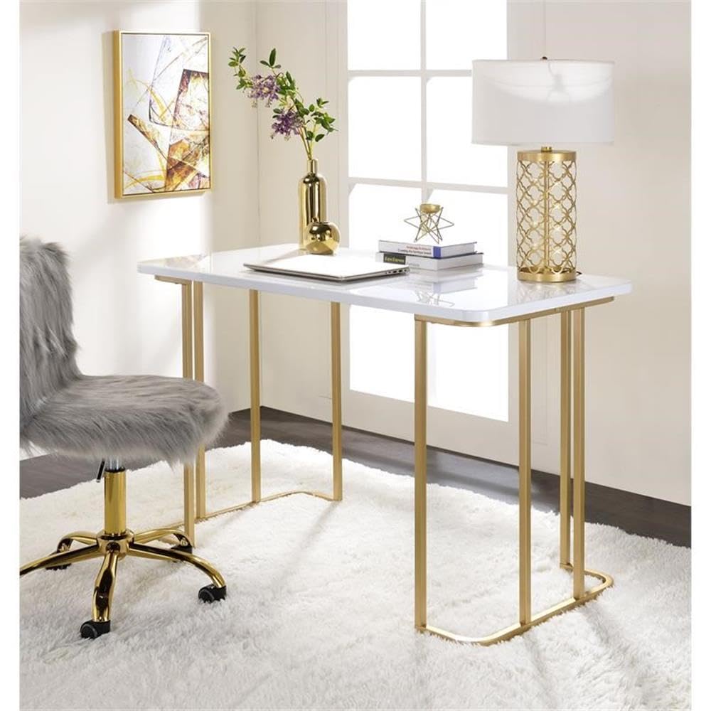 Acme Estie Wooden Top Writing Desk With Metal Sled Base In White And Gold