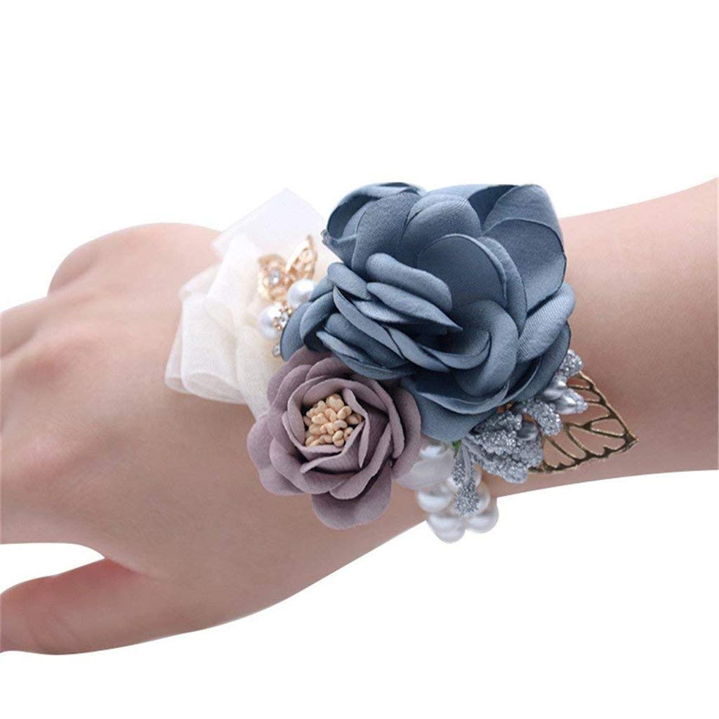 Flonding Rose Wedding Wrist Corsage And Boutonniere Set Party Prom Hand Ribbon Flower Suit Decor (Gray Blue)
