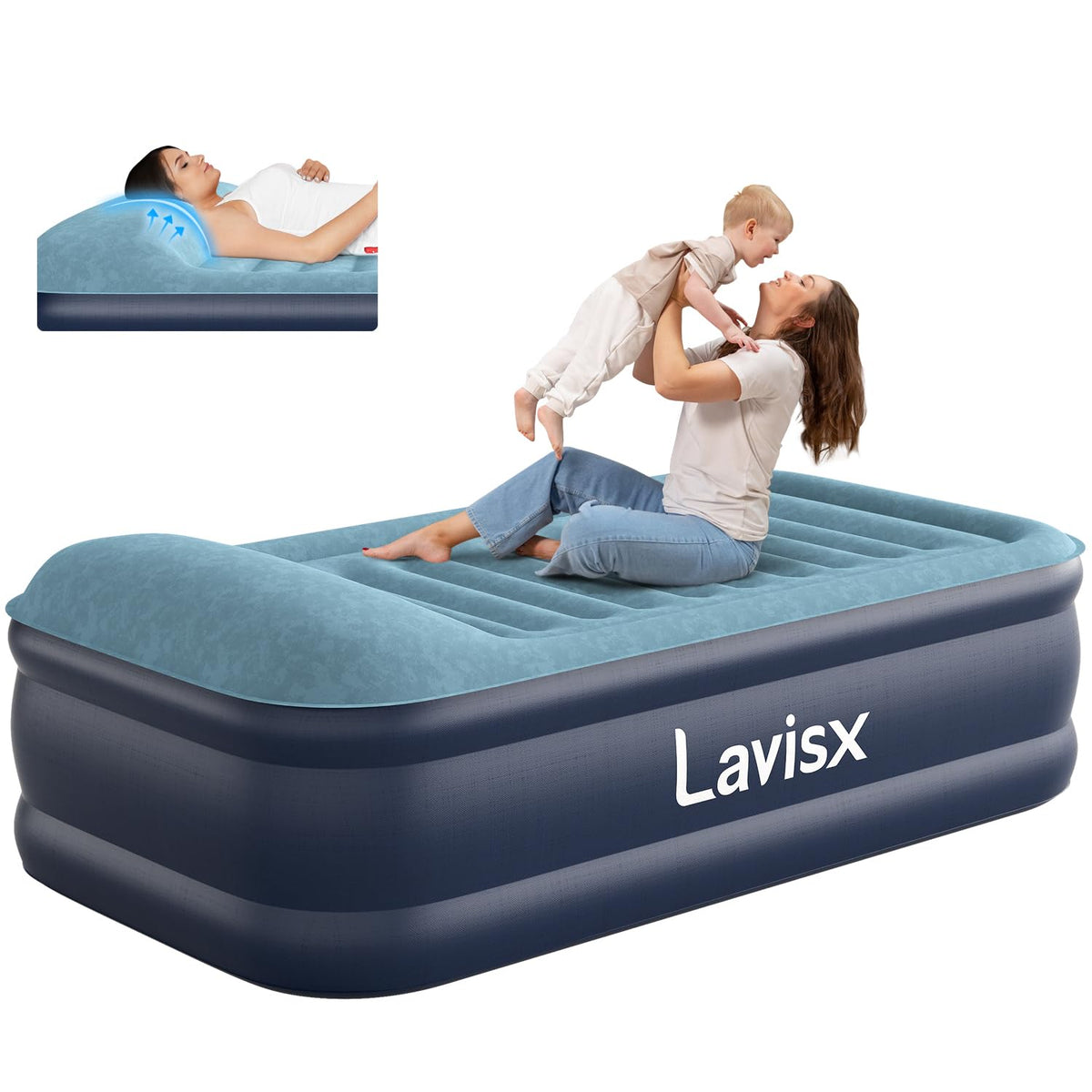 Lavisx Twin Air Mattress 20    Top Pillow With Built In Pump, 3 Mins Fast Inflation Auto Stop Luxury Blow Up Mattress Comfort Ai