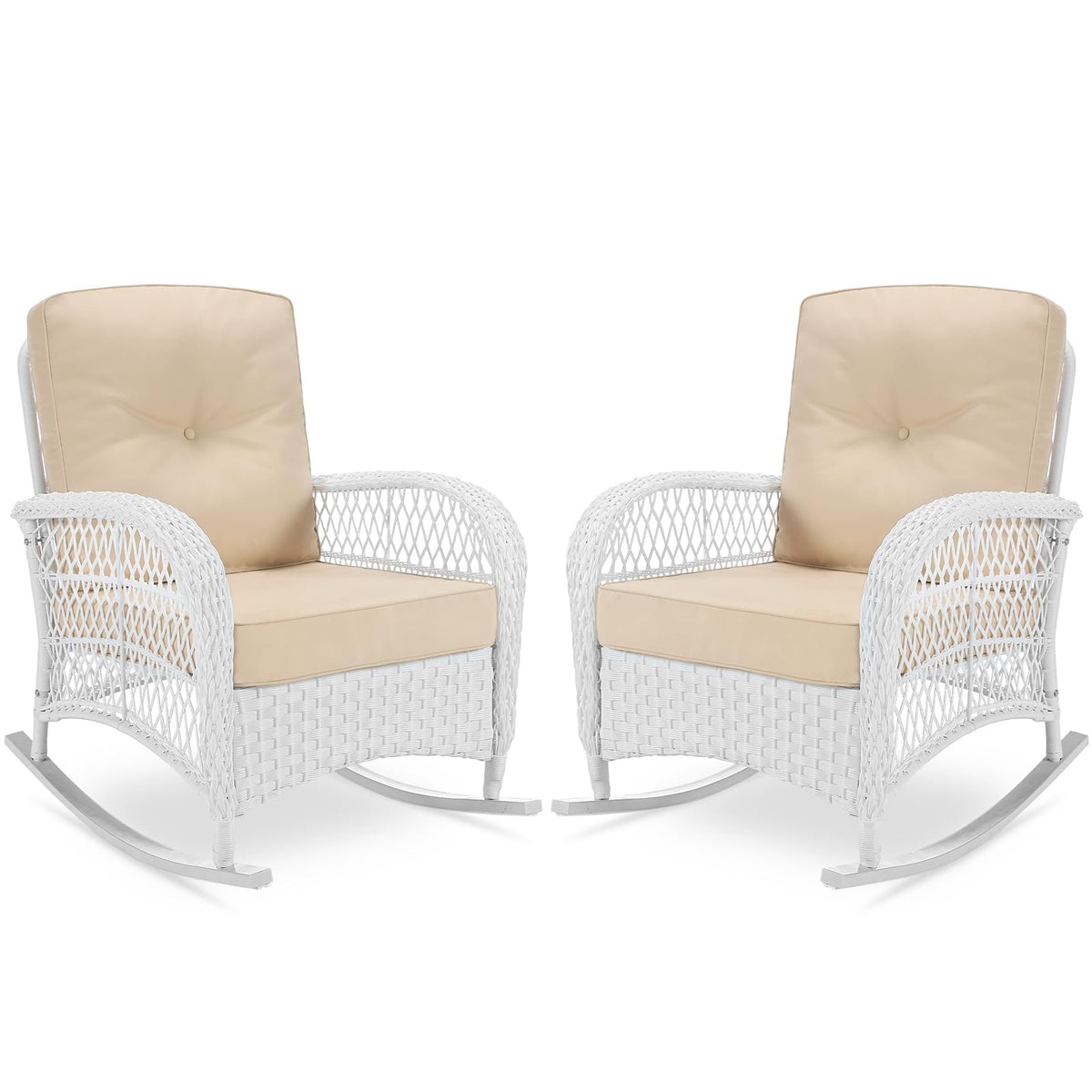 Vivijason 2 Piece Patio Wicker Rattan Rocker Chair, Outdoor Rattan Rocker Chair With Cushions & Steel Frame, All-Weather Rocking Lawn Wicker Furniture For Garden Backyard Porch (White Wicker/Beige)