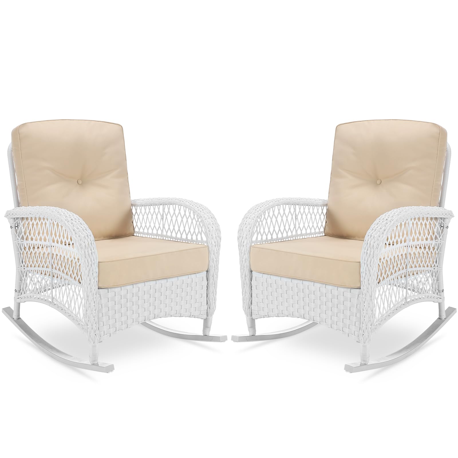 Vivijason 2 Piece Patio Wicker Rattan Rocker Chair, Outdoor Rattan Rocker Chair With Cushions & Steel Frame, All-Weather Rocking Lawn Wicker Furniture For Garden Backyard Porch (White Wicker/Beige)
