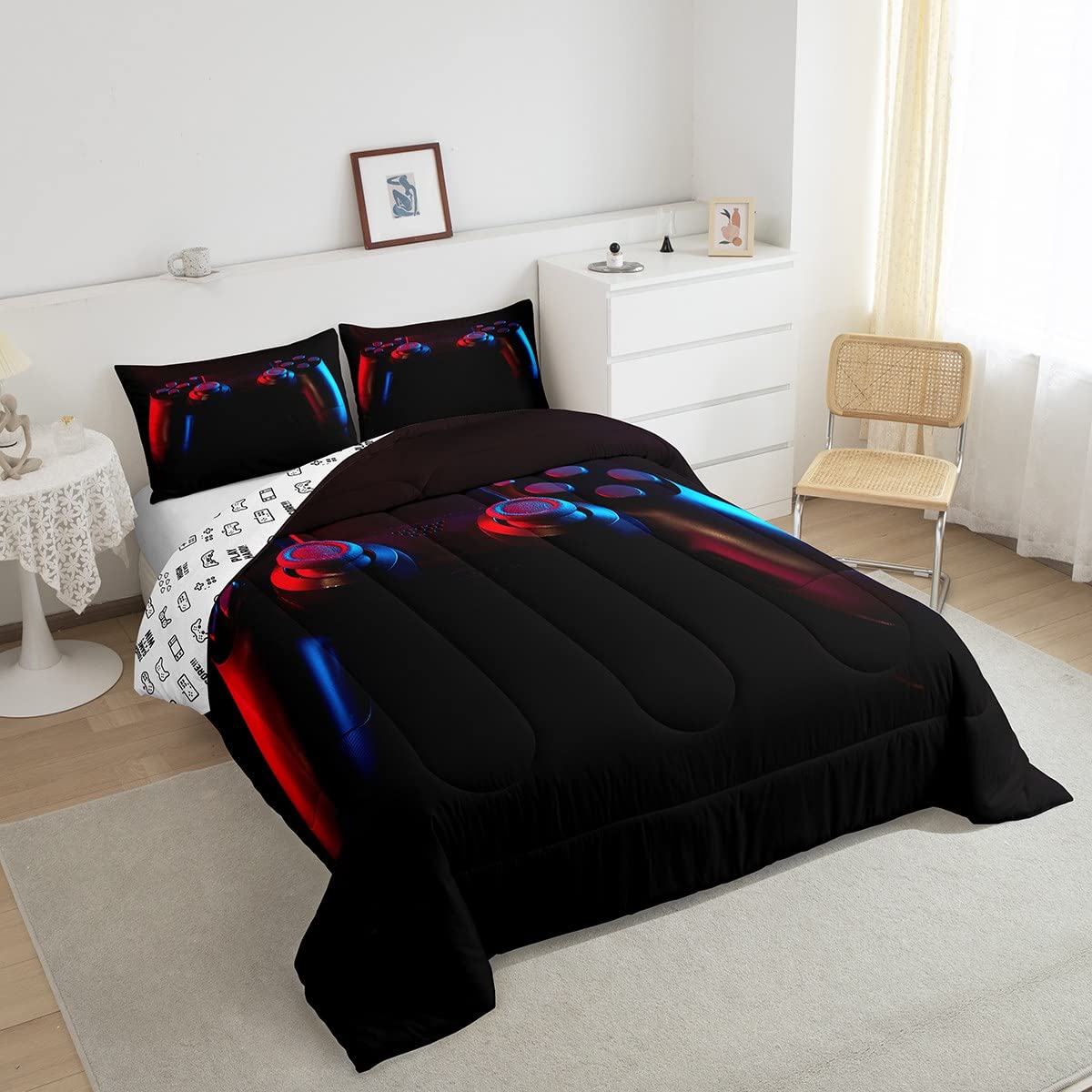 Gamer Comforter Set For Boys Girls Man Gaming Bedding Set,Black Gamepad Home Decor Player Video Game Duvet Insert Teens Kids 2 P