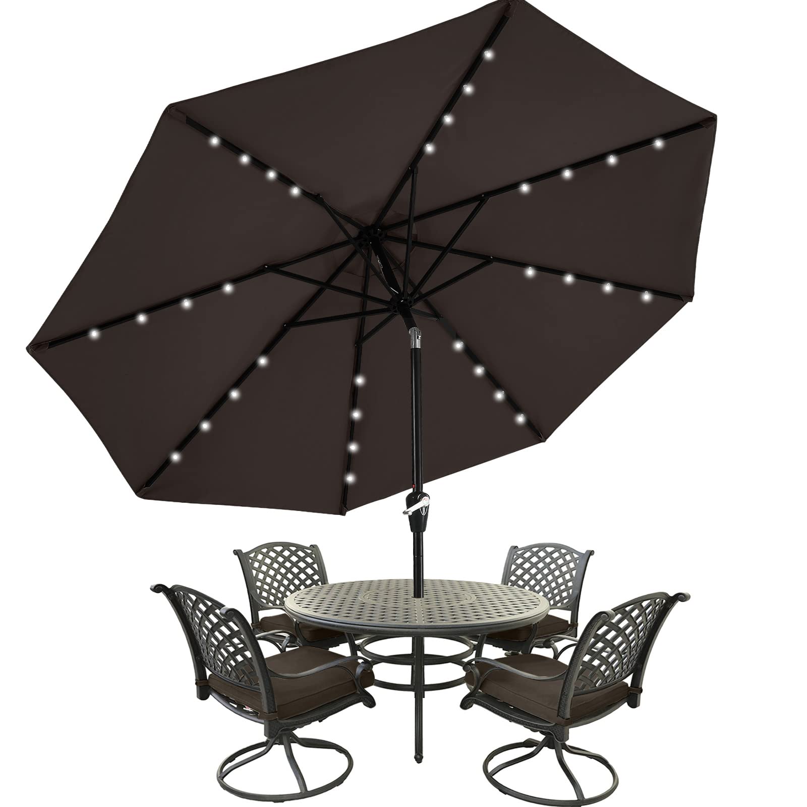Mastercanopy Patio Umbrella With 32 Solar Led Lights -8 Ribs (9Ft,Brown)