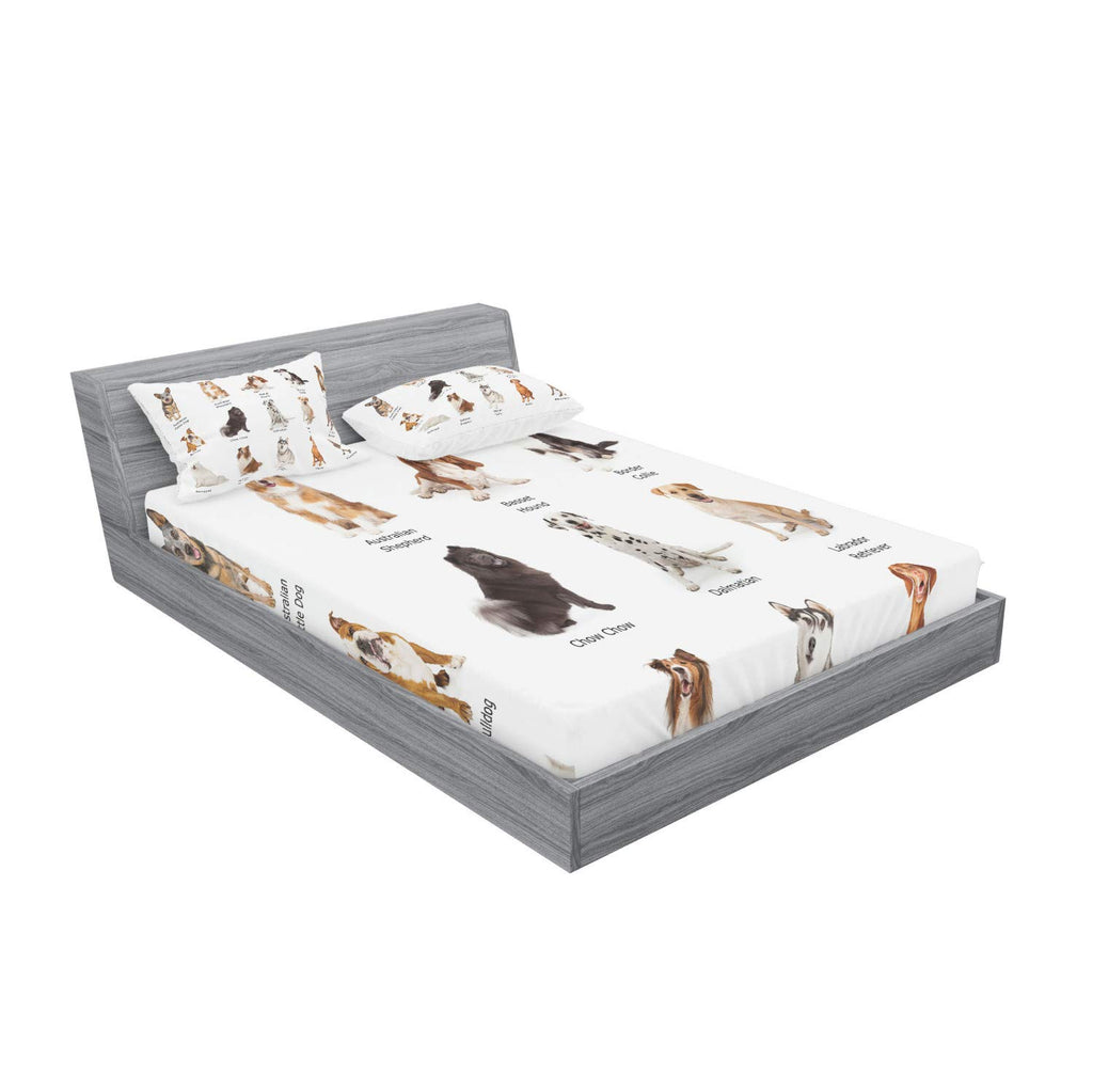 Ambesonne Dog Fitted Sheet & Pillow Sham Set, Puppy Breed Written Names Family Species Dalmatian Husky Bulldog, Decorative Print