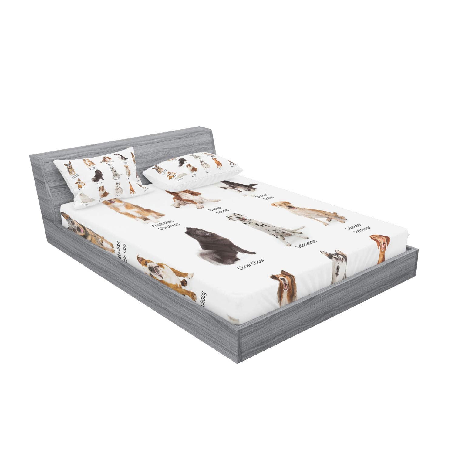 Ambesonne Dog Fitted Sheet & Pillow Sham Set, Puppy Breed Written Names Family Species Dalmatian Husky Bulldog, Decorative Print