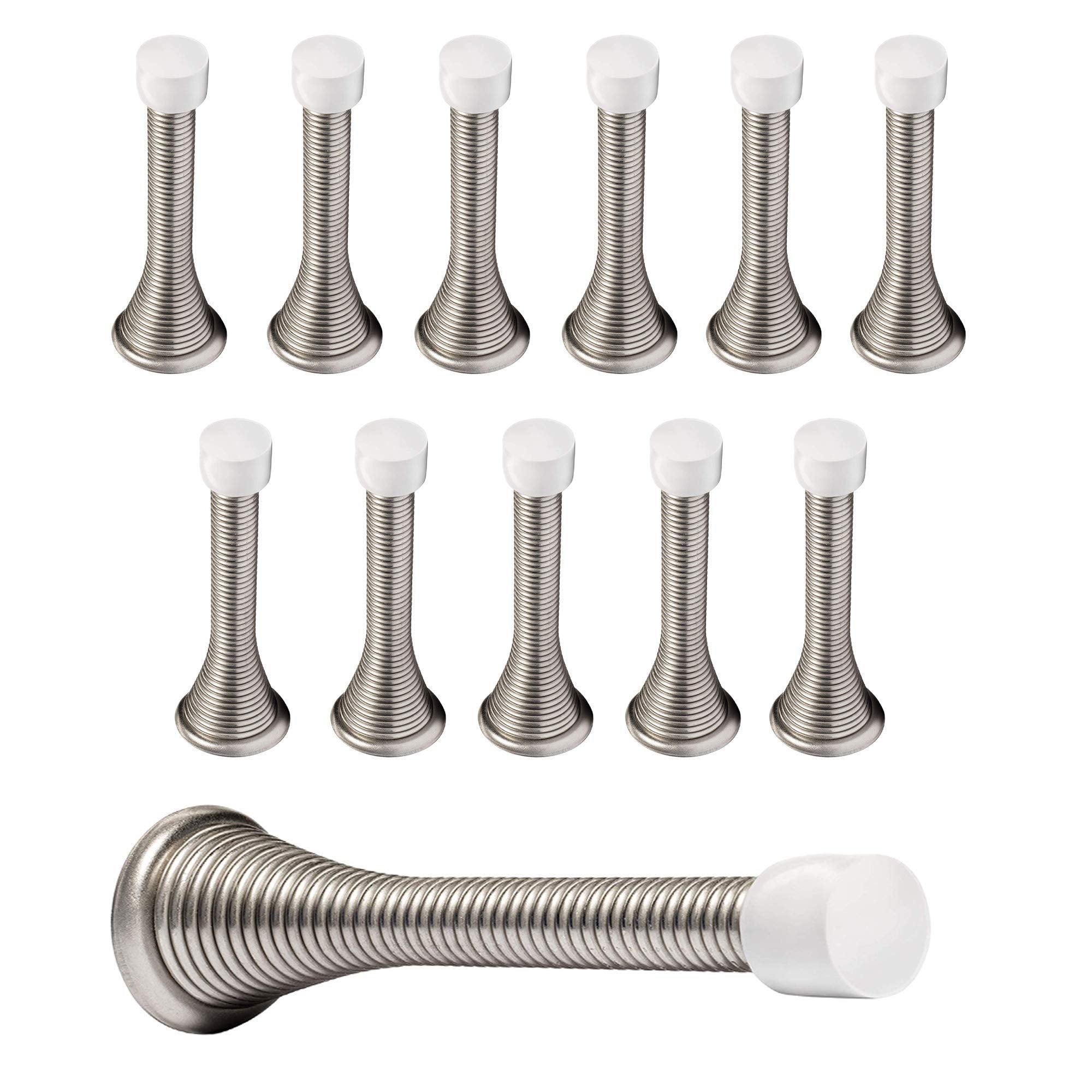 Kiseer 12 Pack Spring Door Stops 3 1/4' Flexible Heavy Duty Spring Door Stopper With Rustproof Screw Rubber Bumper Tips (Satin
