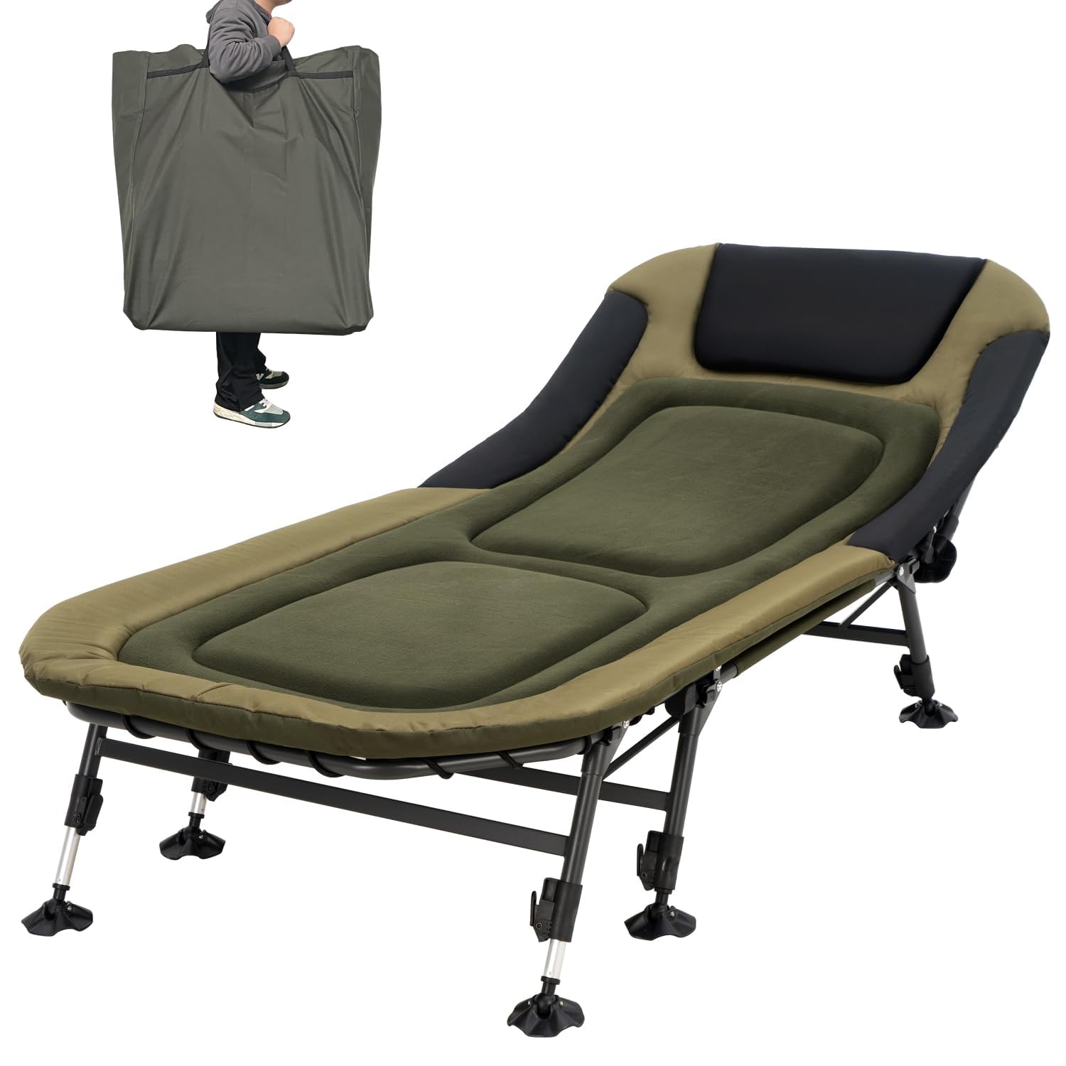 YOUGYM XXL Camping Cots for Adults 330Lbs with Carry Bag, Heavy Duty Folding Bed with Soft Padded Cushion, Portable Military Cot