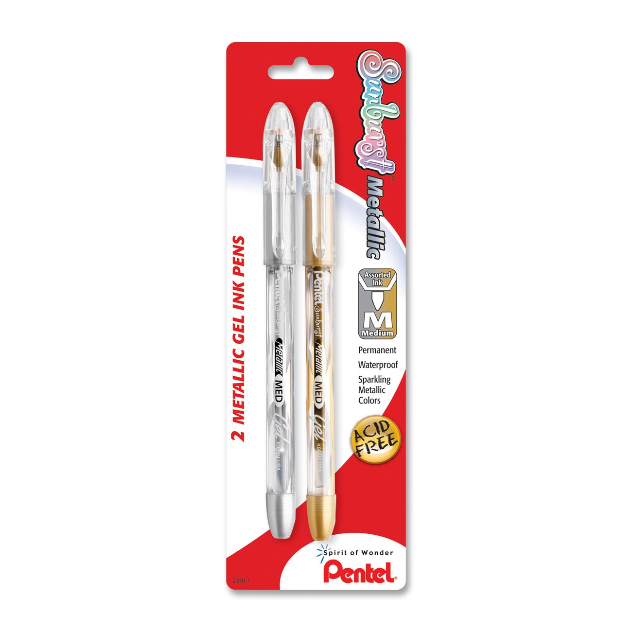 Pentel Sunburst Metallic Gel Pen, Medium Line, Permanent Gold And Silver Ink, 2 Pack (K908Mbp2Xz)