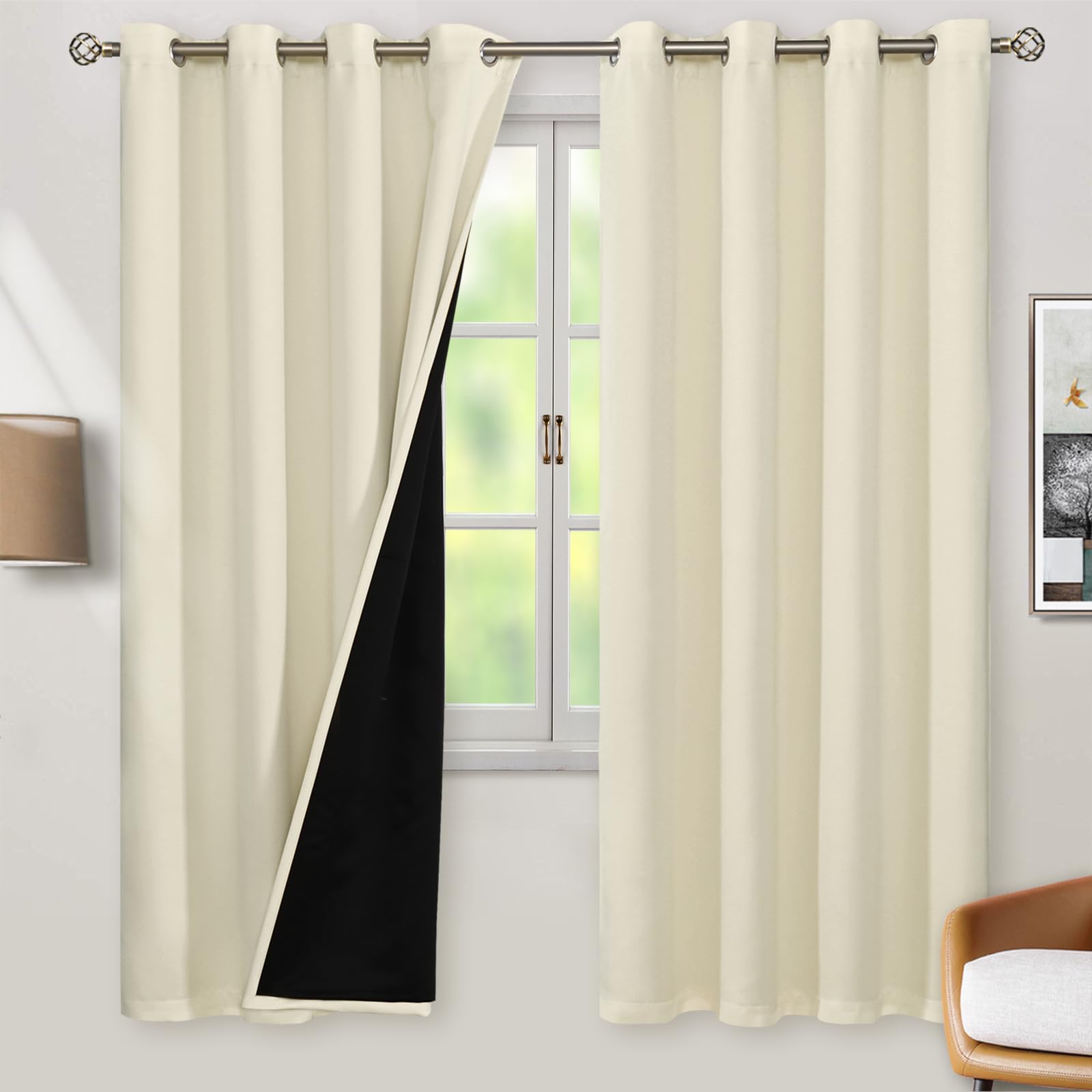 Bgment Cream 100% Blackout Curtains For Living Room 72 Inch Length 2 Panels, Thermal Insulated Full Light Blocking Grommet Sound