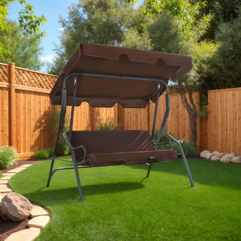vidaXL Garden Swing Bench - Coffee Color, Powder-Coated Steel Frame, Polyester Fabric, Water-Resistant, Large Canopy, Suitable for Patios and Gardens, Easy Assembly Required.