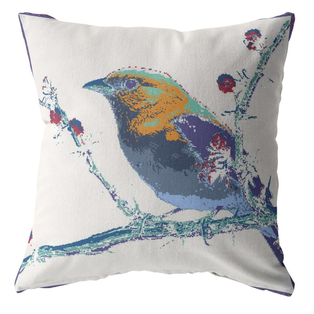 HomeRoots Purple On White Broadcloth 26â€ Blue White Robin Indoor Outdoor Throw Pillow