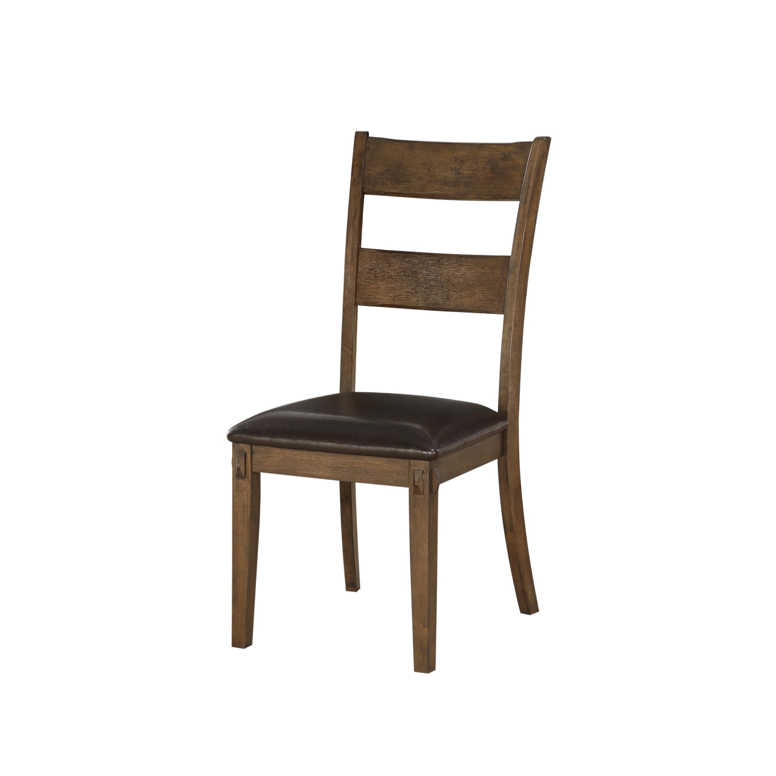 Benjara Wooden Side Chairs with Leatherette Padded Seat and Panelled Back, Set of Two, Brown