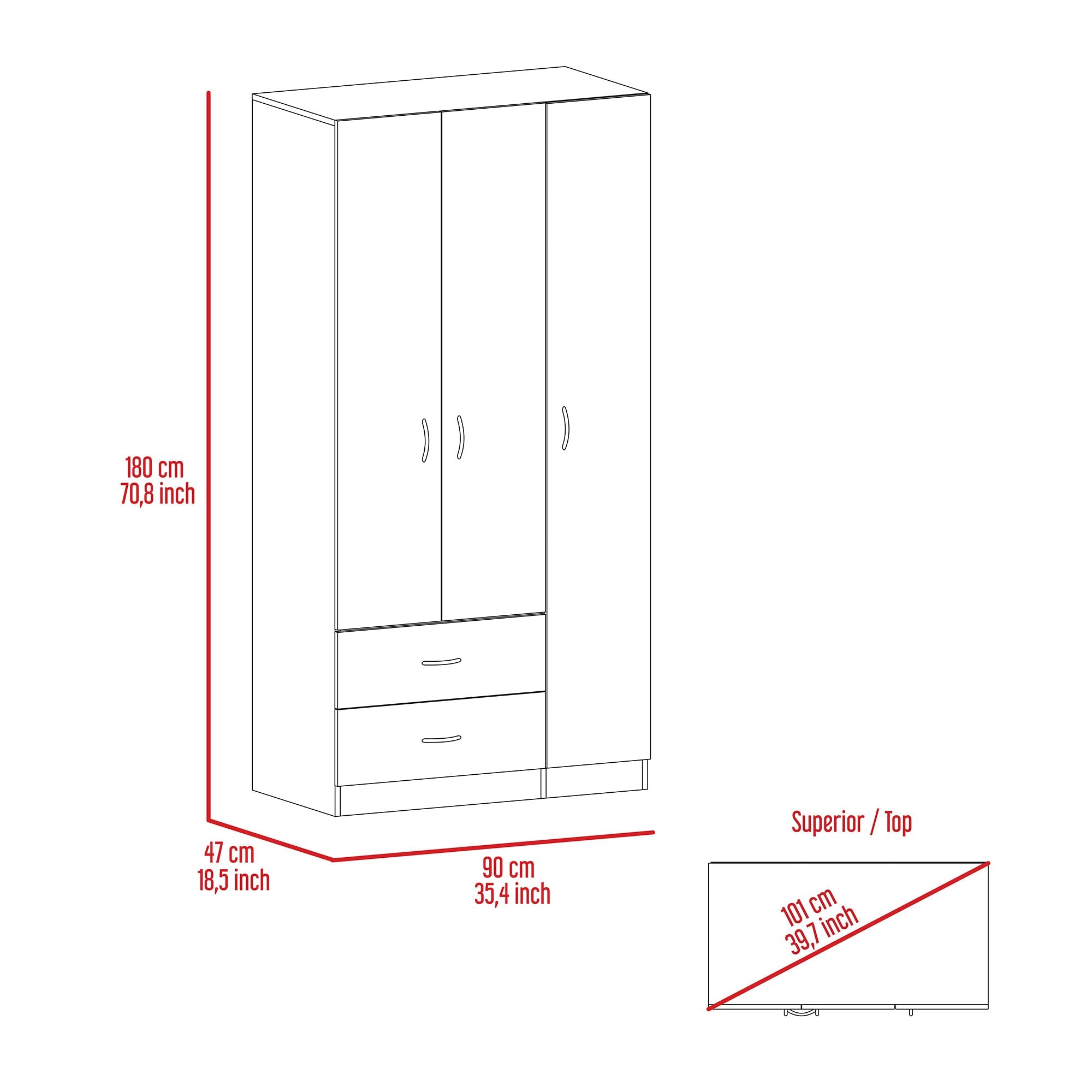 Tuhome Austral 3 Door Armoire with Drawers, Shelves, and Hanging Rod -White