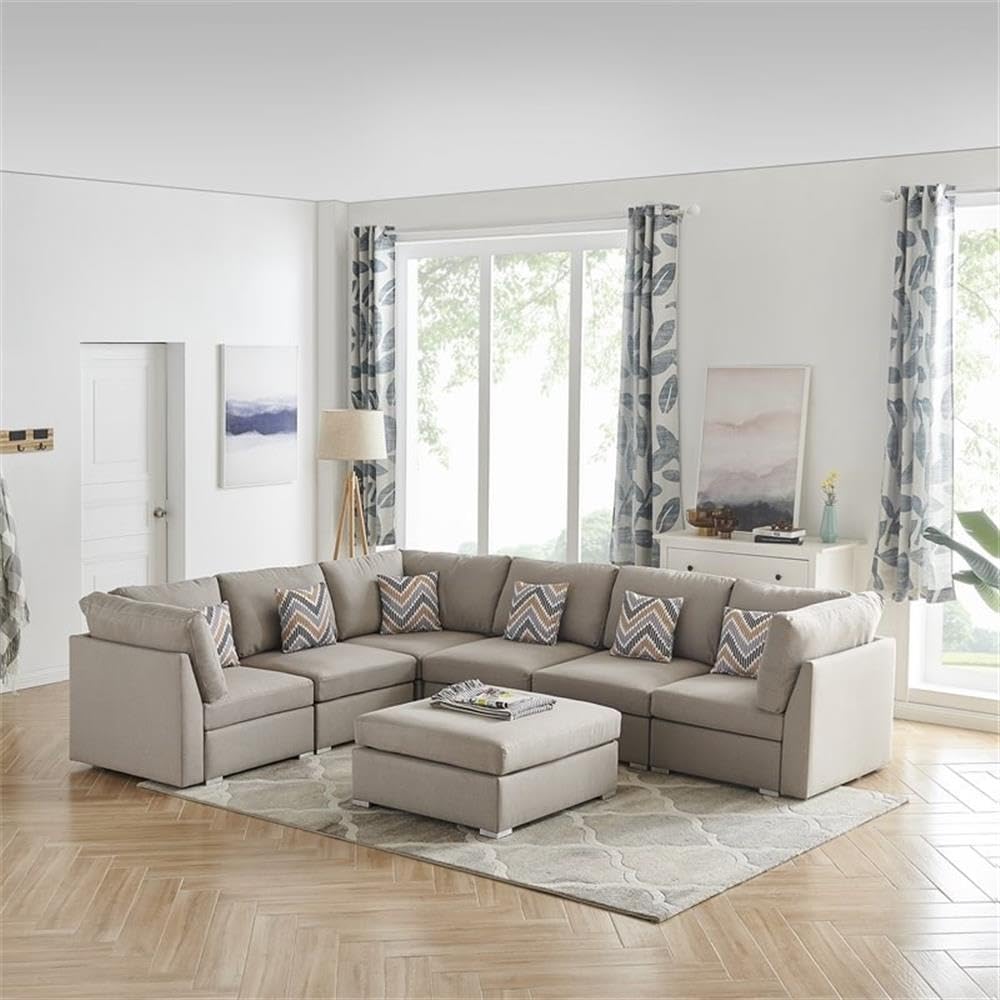Lilola Home Amira Beige Fabric Reversible Modular Sectional Sofa with Ottoman and Pillows