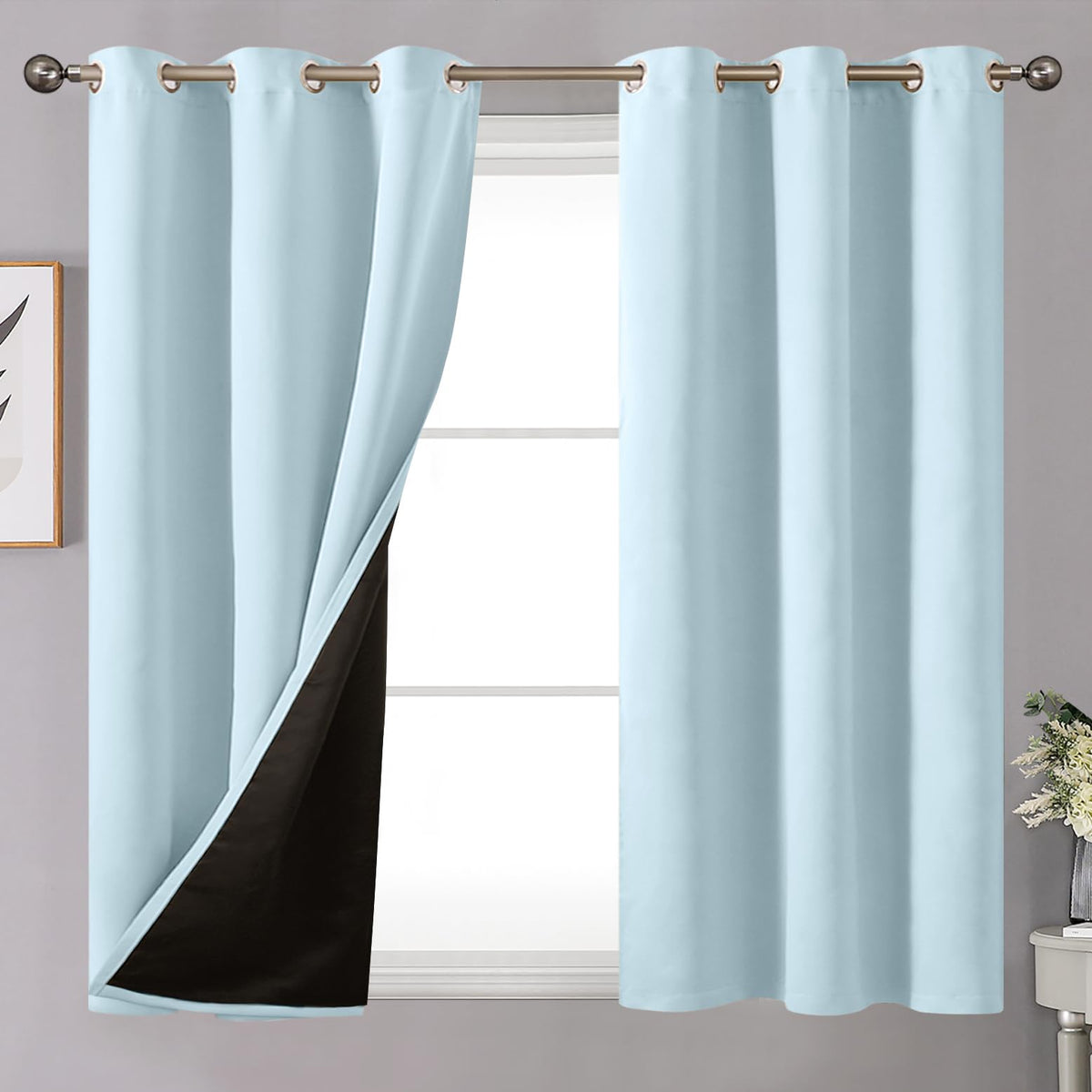 Youngstex Beige Short Blackout Curtains 45 Inches Length, Grommet Double Layer Full Light Blocking Thermal Insulated Small Bedro