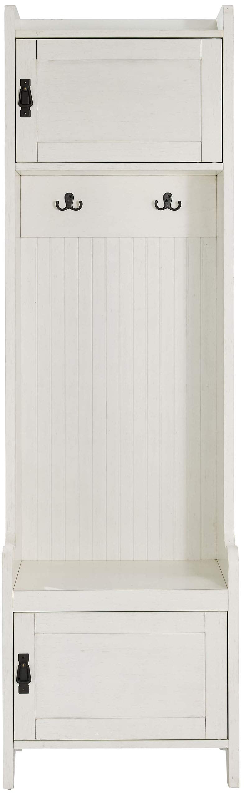 Crosley Furniture Fremont Hall Tree with Storage Cabinets and Coat Rack Hooks for Hanging, Distressed White