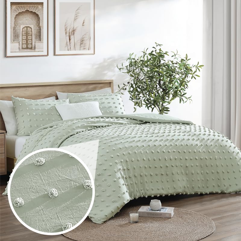 Swift Home Full/Queen Sage 3-Piece Down Alternative Comforter Set Bedding Pom Pom All-Season, Machine Washable
