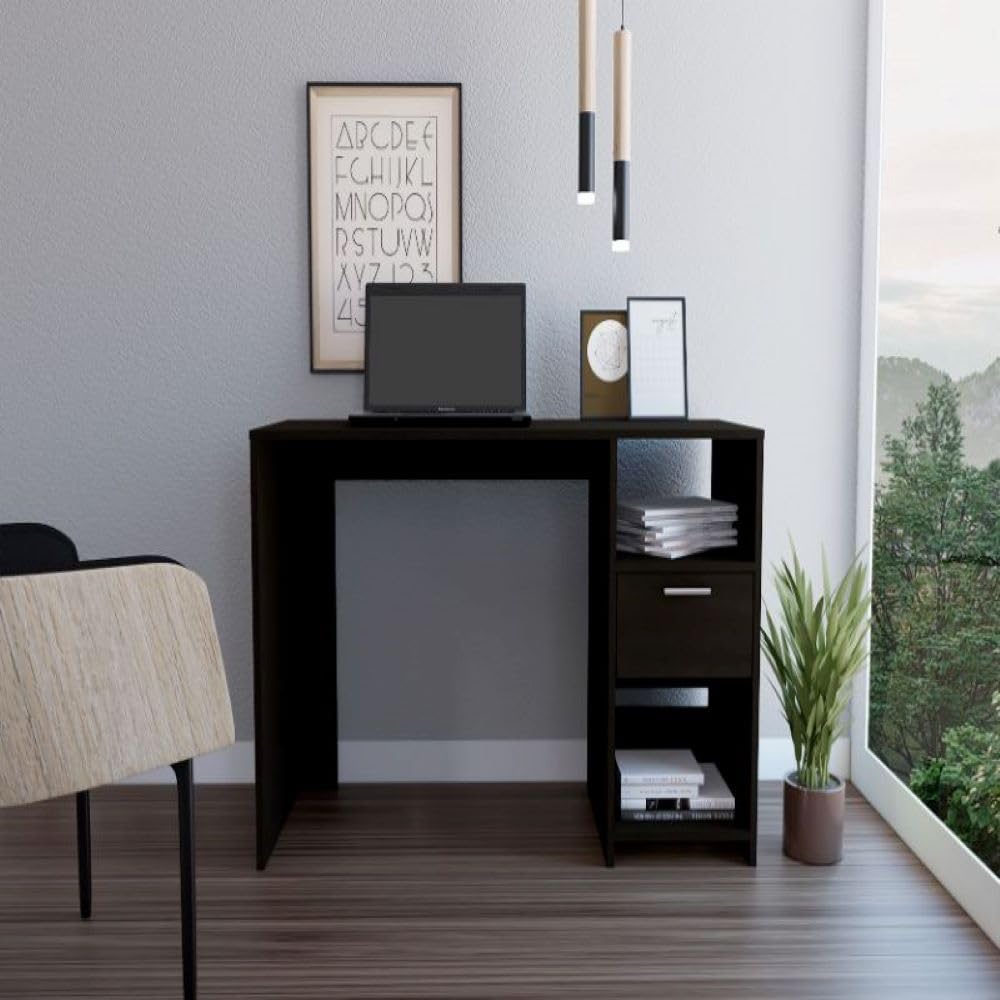 Computer Desk Odessa with Single Drawer and Open Storage Cabinets, Black