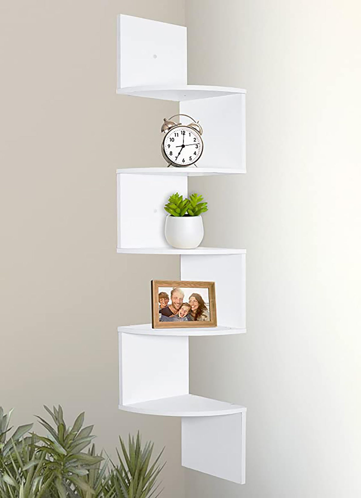 Sidrah Wooden Corner WallMounted 5Tier Floating Shelves  Modern Storage for Living Room & Office Stylish Zigzag Design for Ho
