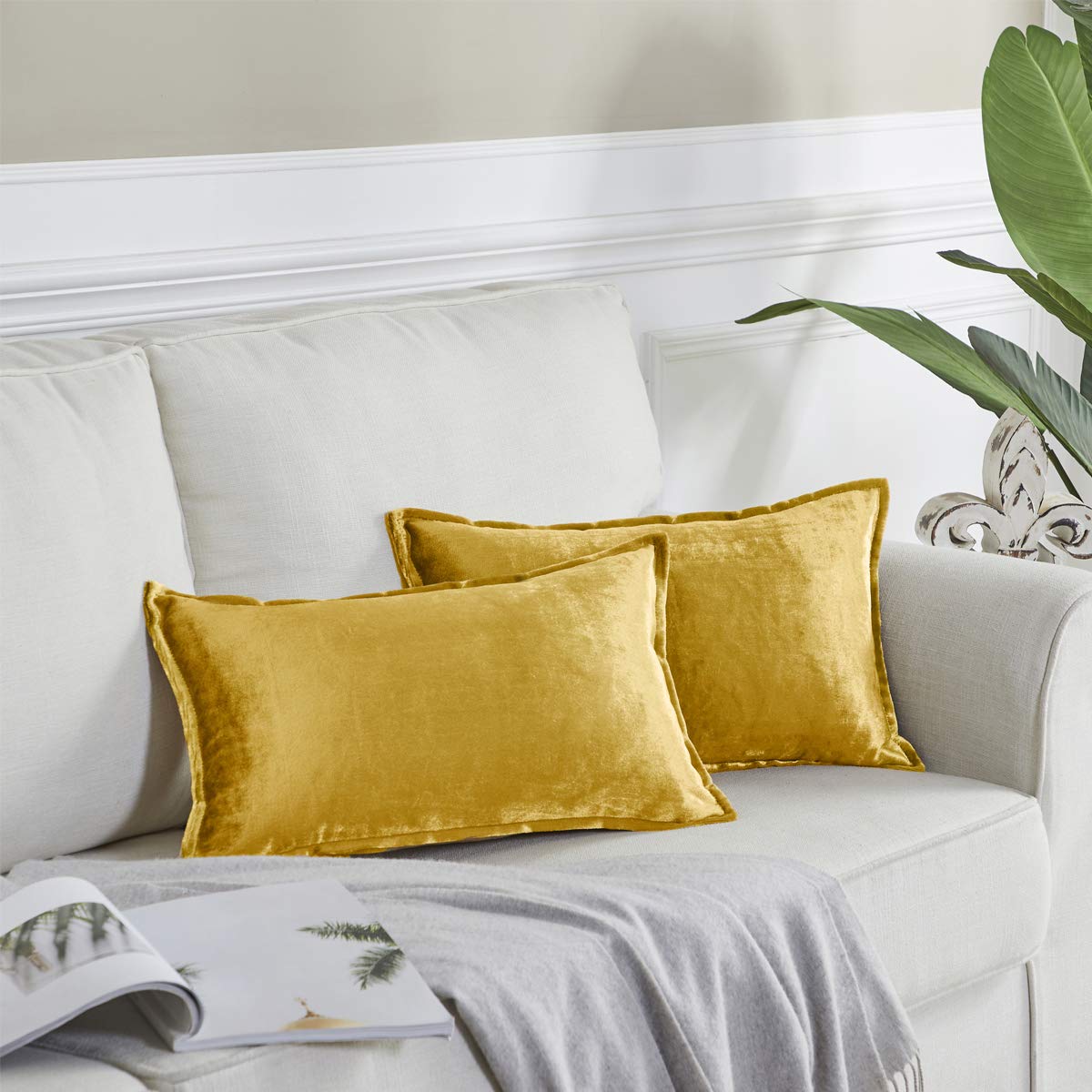 Gigizaza Yellow Velvet Decorative Lumbar Throw Pillow Covers 12X20 Oblong Couch Sofa Pillow Covers Pack Of 2